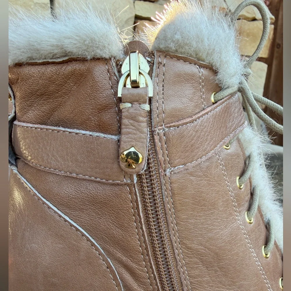kate spade Tay Booties Tan Leather Wedge Ankle Boots w/ Faux Fur Trim Sz-10.5. X